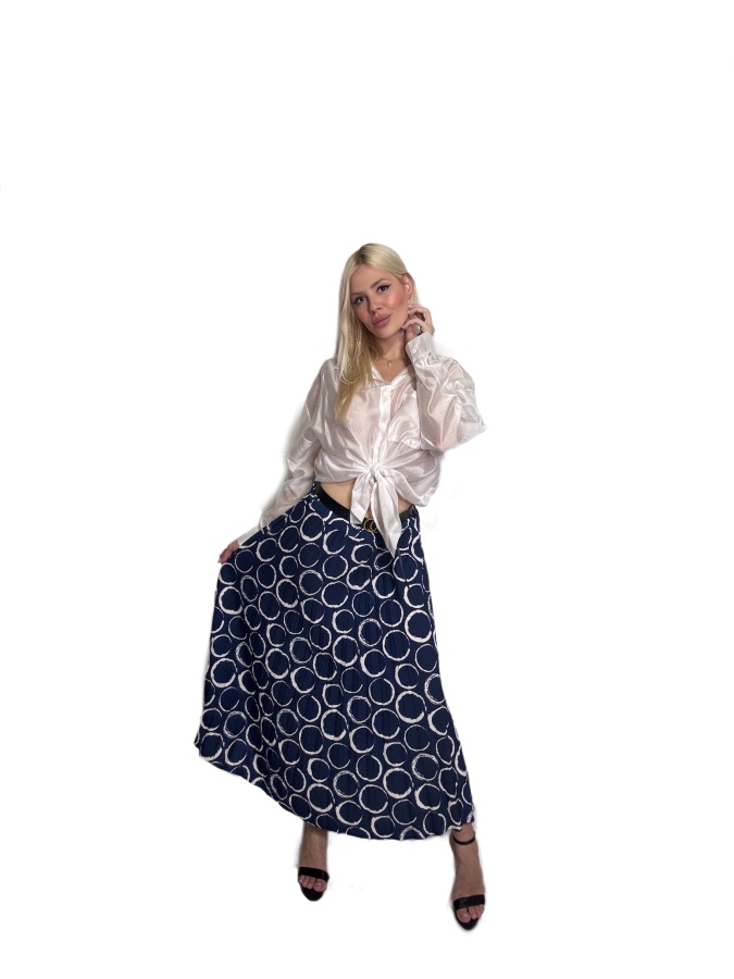 FemaleHopes  Μακριά Πλισε Μπλε Φούστα με Print Λευκους Κυκλους 