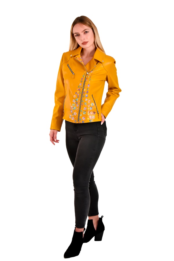 FemaleHopes  Δερμάτινο Jacket με Σχέδια Λουλουδιών