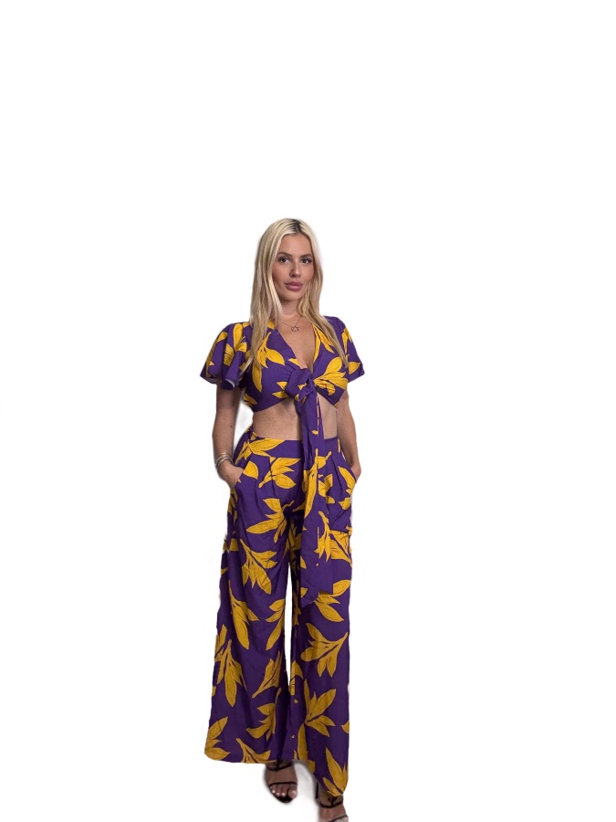 FemaleHopes  Σετ Μωβ Τοπ & Ψηλόμεσο Παντελόνι με Τροπικό Print