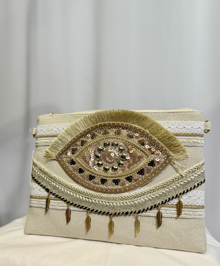 FemaleHopes  Boho Clutch με Παγιέτες & Διακοσμητικό Μάτι σε Earthy Tones