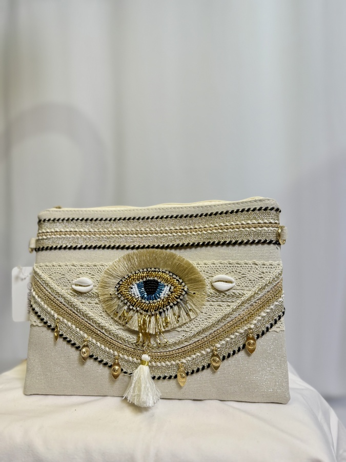 FemaleHopes  Boho Clutch με Κοχύλια & Κεντητό Μπλε Μάτι